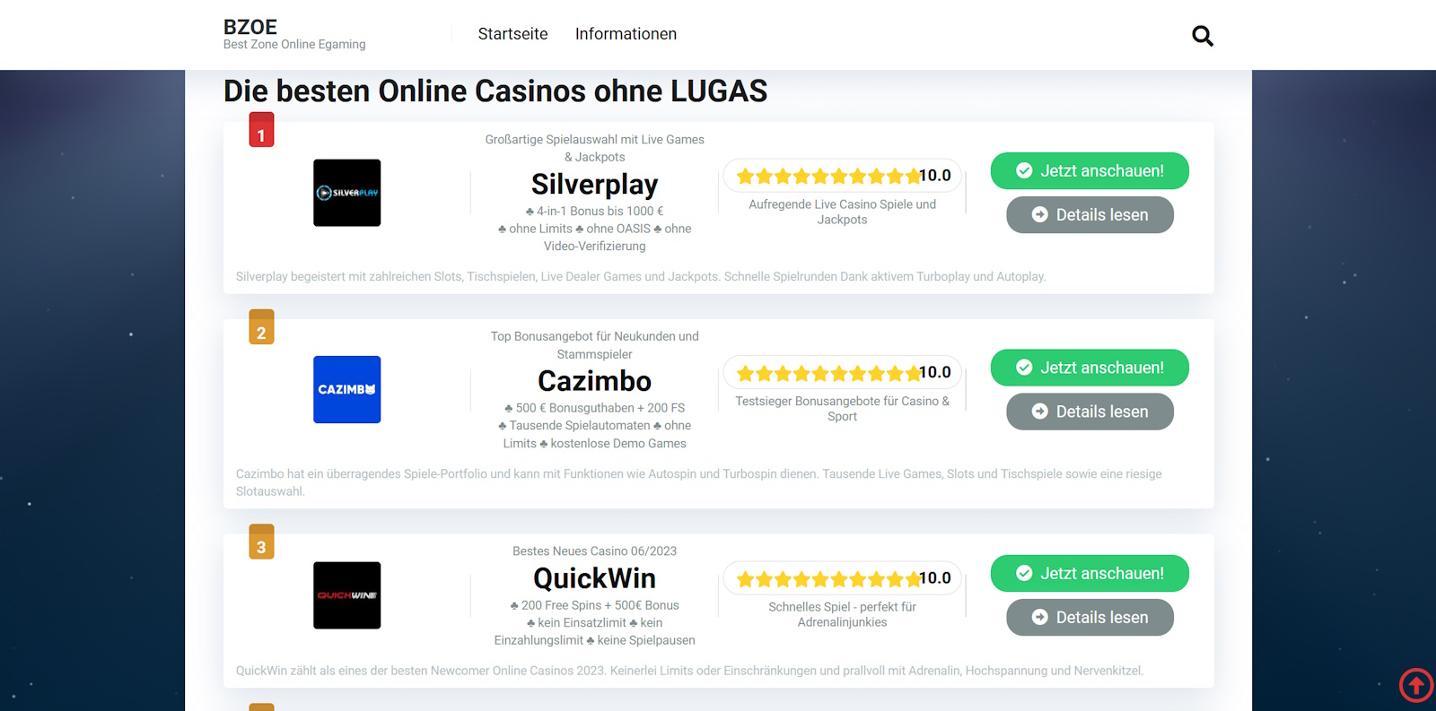 Top10 Online Casinos ohne Lugas